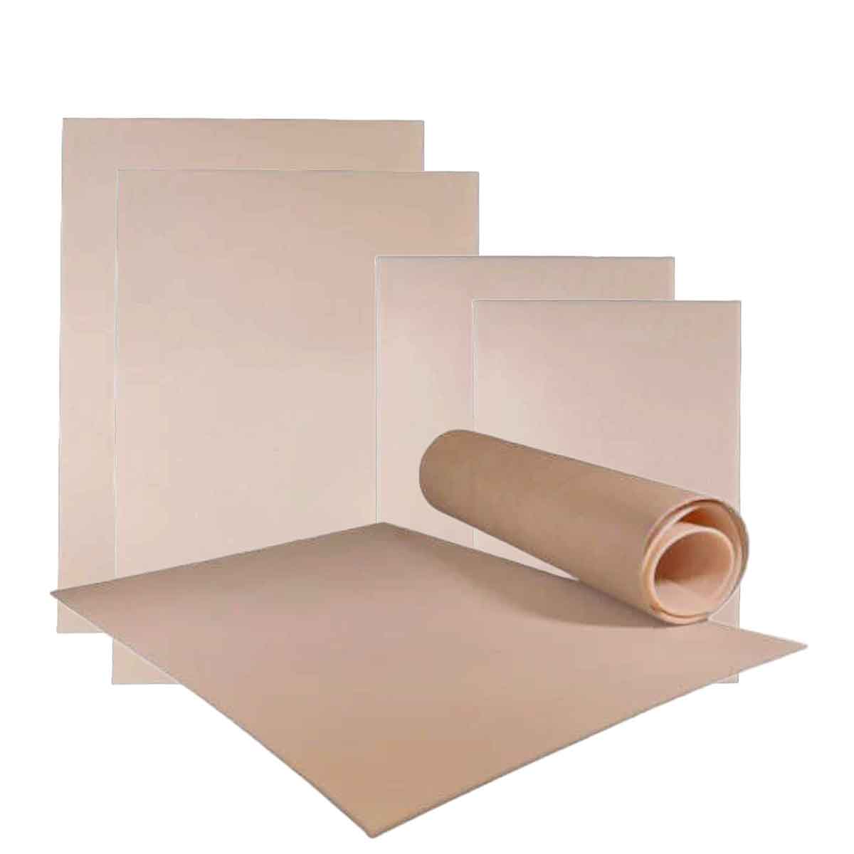 Beige paper sheets and a roll on a white background