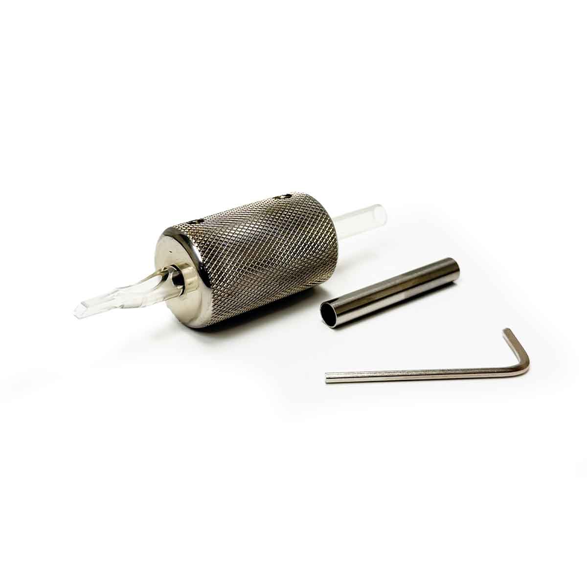 stainless steel tattoo grip with clear tube and hex key on a white background