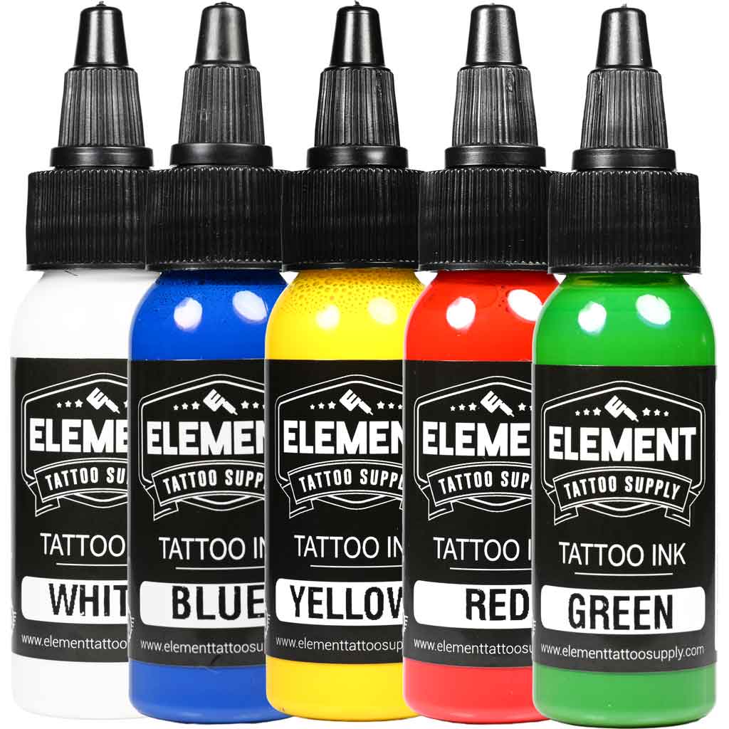 Five bottles of Element tattoo ink in white, blue, yellow, red, and green on a white background.