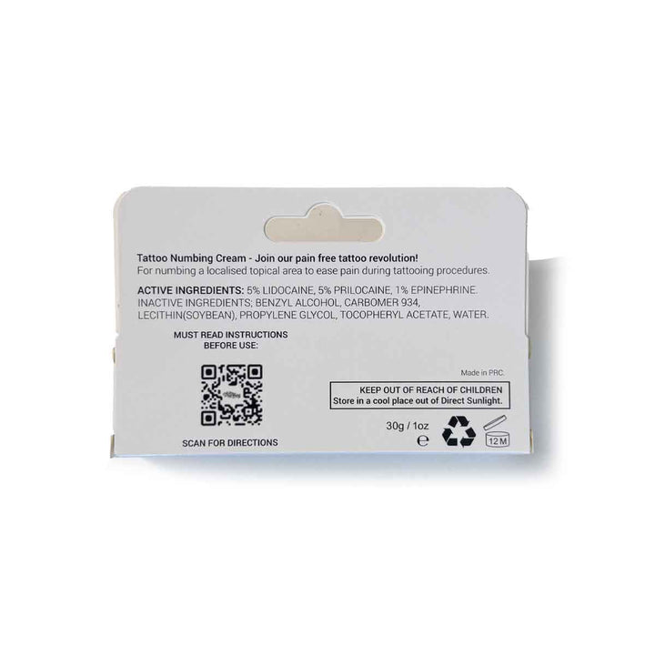 Tattoo numbing cream packaging with label and QR code on a white background